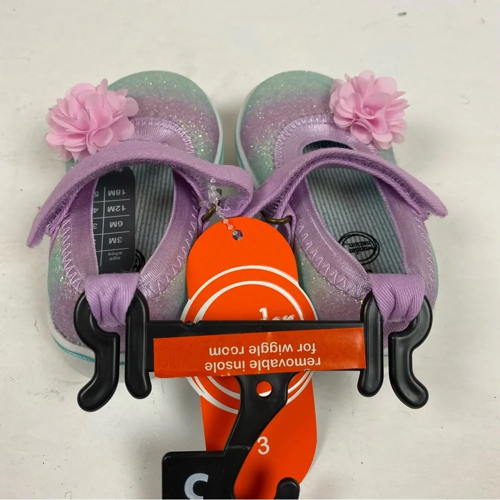 Wonder Nation Sparkle Glitter MaryJane Shoes Flower Purple Pink size 3 NWT
